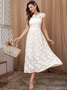 Đầm Tương phản ren Dây kéo màu trơn Thanh lịch - trắng - Xem 1