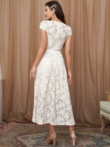 Đầm Tương phản ren Dây kéo màu trơn Thanh lịch - trắng - Xem 2