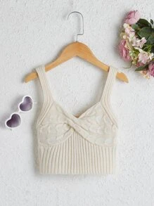 女孩前扭結針織吊帶上衣 - 米色 - 查看 1