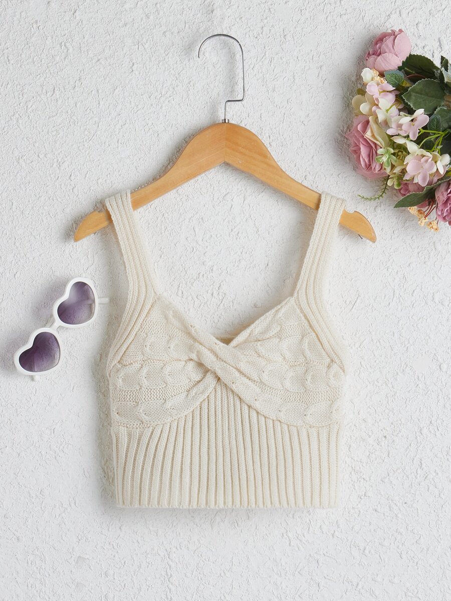 女孩前扭結針織吊帶上衣 - 米色 - 查看 1