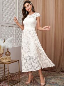 Đầm Tương phản ren Dây kéo màu trơn Thanh lịch - trắng - Xem 3