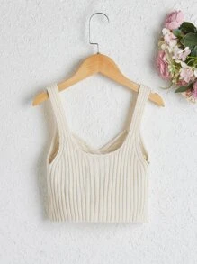 女孩前扭結針織吊帶上衣 - 米色 - 查看 2