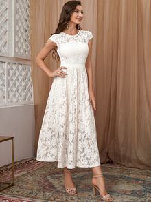 Đầm Tương phản ren Dây kéo màu trơn Thanh lịch - trắng - Xem 5