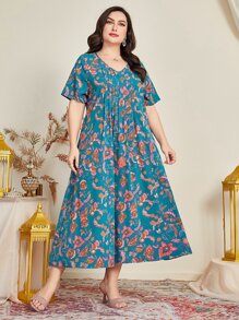 Al Najma Vestido con estampado floral de cuello V - Azul - Ver 6