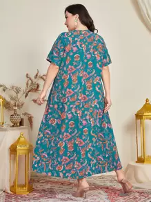 Al Najma Vestido con estampado floral de cuello V - Azul - Ver 2