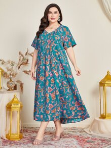 Al Najma Vestido con estampado floral de cuello V - Azul - Ver 3