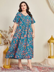 Al Najma Vestido con estampado floral de cuello V - Azul - Ver 4