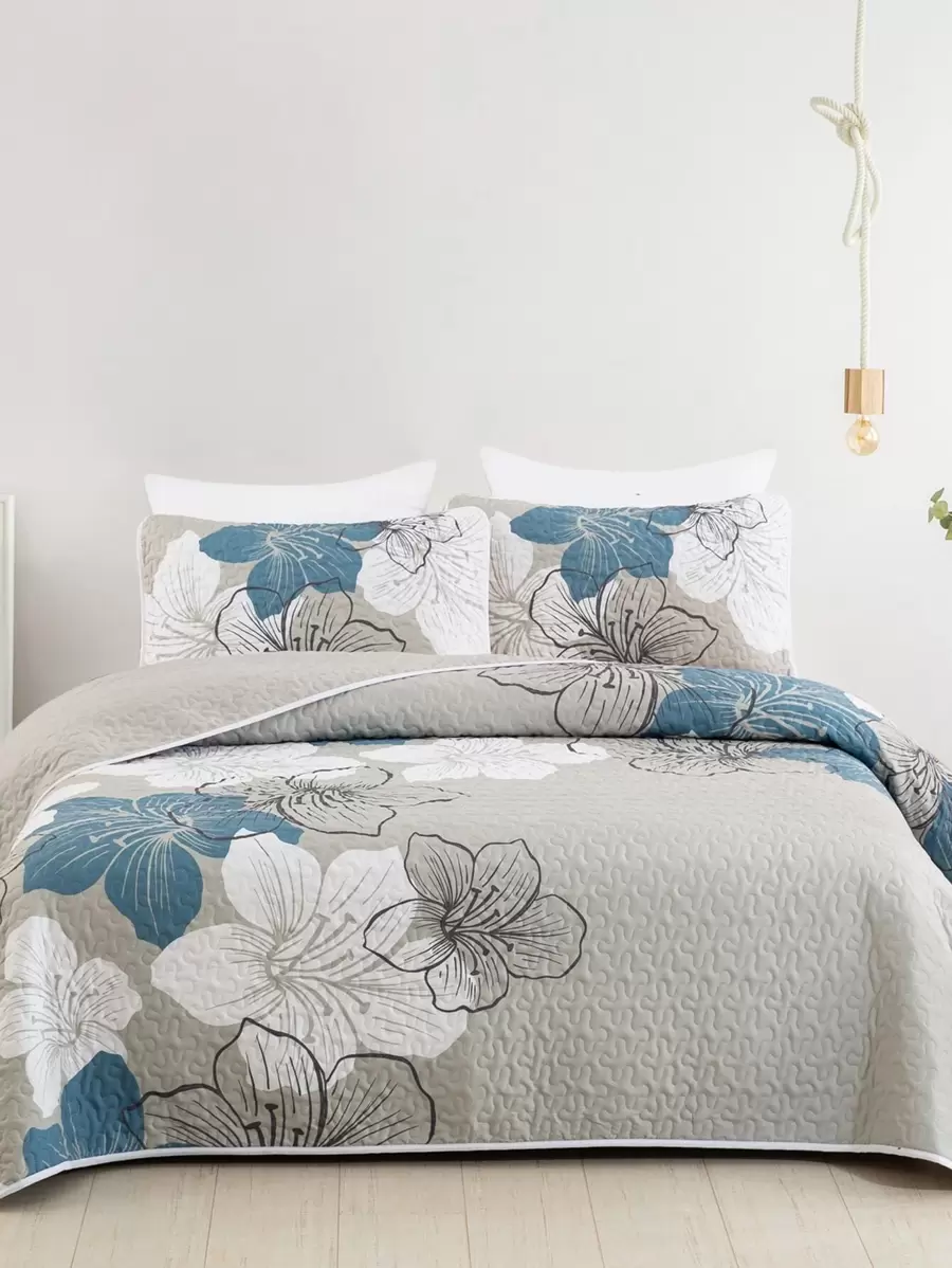 3pcs/set Flower Pattern Bedspread Set, Modern Fabric Quilted Detail Quilt Set (1pc Quilt & 2pcs Pillowcase) For Home - Multicolor - View 1