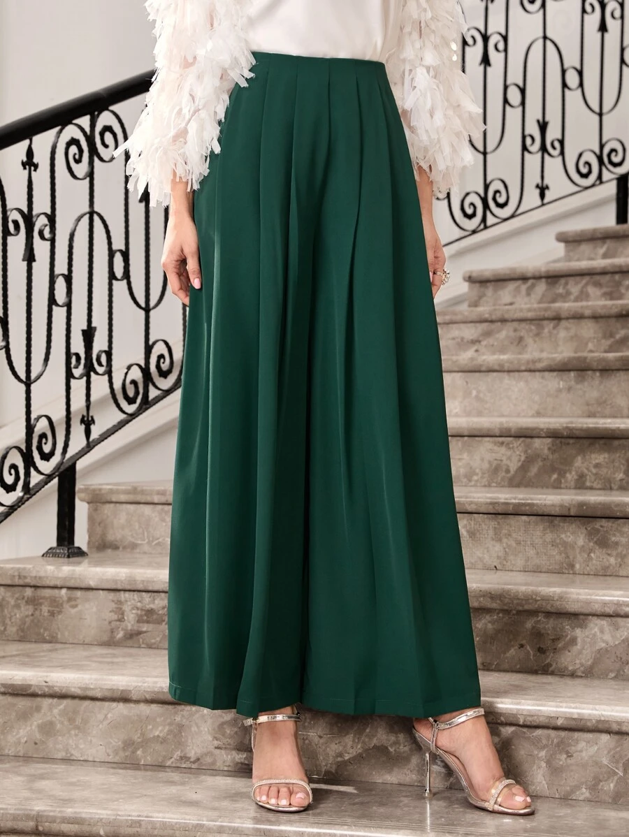 Modelyn Solid Fold Pleated Wide Leg Trousers - Dark Green - View 1