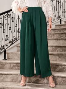 Modelyn Solid Fold Pleated Wide Leg Trousers - Dark Green - View 4