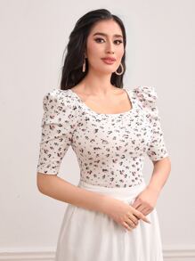 Modelyn Ditsy Floral Print Puff Sleeve Tee - Multicolor - View 1