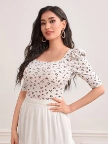 Modelyn Ditsy Floral Print Puff Sleeve Tee - Multicolor - View 5