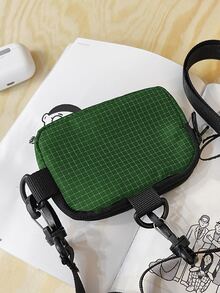 Letter Graphic Crossbody Bag Plaid Pattern - Green - View 4