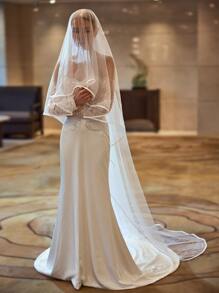 1pc Contrast Binding Floor-Length Bridal Veil Long Veil For Formal Wedding,For Church Wedding - White - View 1