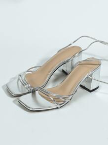 女士金屬質感腿部繫帶設計粗跟魅力四射夏天綁帶涼鞋 - 銀色 - 查看 4