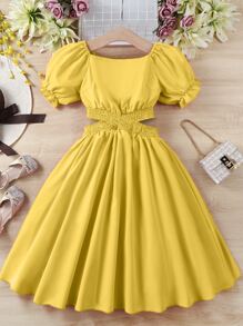 SHEIN Teen Girls Puff Sleeve Cut Out Waist Square Neck Dress