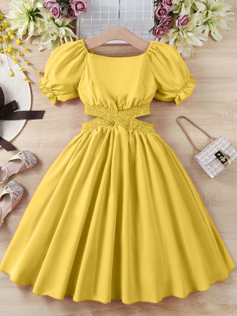 SHEIN Teen Girls Puff Sleeve Cut Out Waist Square Neck Dress