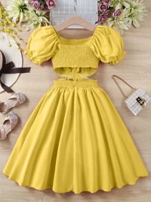 SHEIN Teen Girls Puff Sleeve Cut Out Waist Square Neck Dress