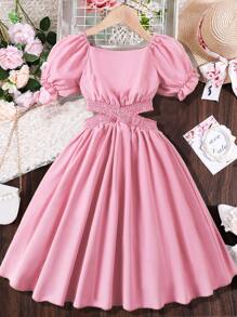 SHEIN 青少年女孩泡泡袖腰部鏤空方領洋裝 - 淺粉色 - 查看 1