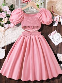 SHEIN 青少年女孩泡泡袖腰部鏤空方領洋裝 - 淺粉色 - 查看 2