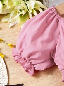 SHEIN 青少年女孩泡泡袖腰部鏤空方領洋裝 - 淺粉色 - 查看 4