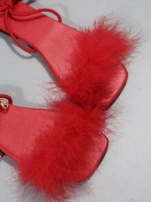 女士毛茸茸條帶魅力四射平底涼鞋 - 紅色 - 查看 7