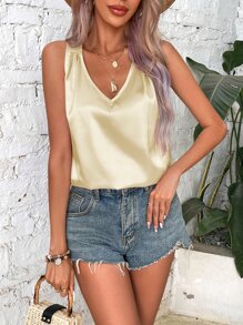 Breezaya Solid Sleeveless Satin Blouse - Champagne - View 3