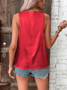 SHEIN VCAY Solid Sleeveless Satin Blouse - Red - View 2