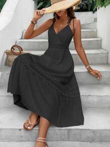 Breezaya Guipure Lace Insert Ruffle Hem Cami Dress Maxi Women Outfit - Black - View 3