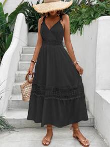 Breezaya Guipure Lace Insert Ruffle Hem Cami Dress Maxi Women Outfit - Black - View 4