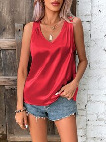 SHEIN VCAY Solid Sleeveless Satin Blouse - Red - View 6