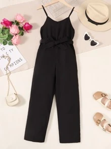 Girls Solid Belted Cami Jumpsuit - Black - View 1