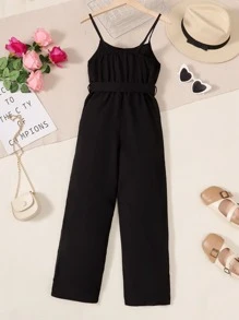 Girls Solid Belted Cami Jumpsuit - Black - View 2