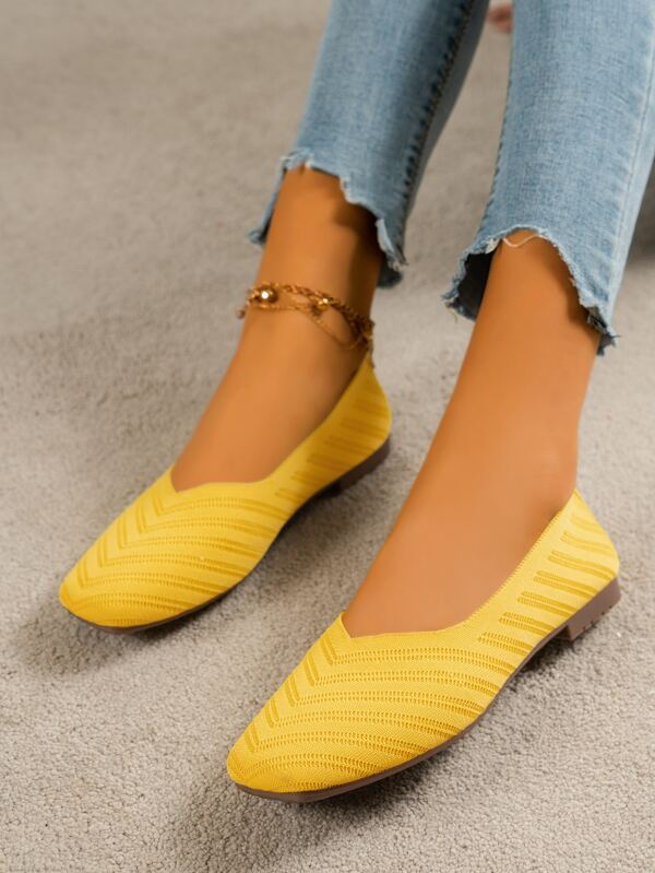 Women Knit Detail Square Toe Flats, Funky Yellow Fabric Ballet Flats