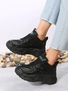 女士粗人造皮革前綁帶運動鞋黑色