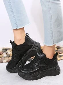 女士粗人造皮革前綁帶運動鞋黑色