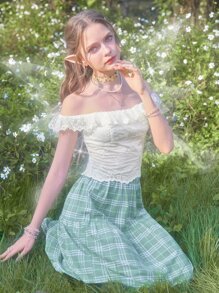 ROMWE Fairycore 一字肩荷葉邊打褶襯衫 - 米色 - 查看 1