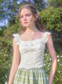 ROMWE Fairycore 一字肩荷葉邊打褶襯衫 - 米色 - 查看 3