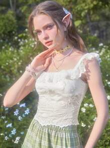 ROMWE Fairycore 一字肩荷葉邊打褶襯衫 - 米色 - 查看 4