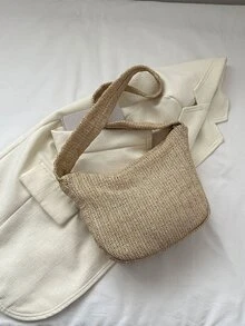 Minimalist Shoulder Bag Simple Straw Bag - Khaki - View 2