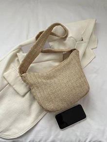 Minimalist Shoulder Bag Simple Straw Bag - Khaki - View 3