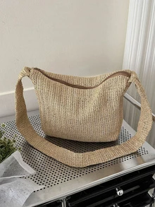 Minimalist Shoulder Bag Simple Straw Bag - Khaki - View 5