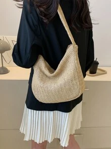 Minimalist Shoulder Bag Simple Straw Bag - Khaki - View 6