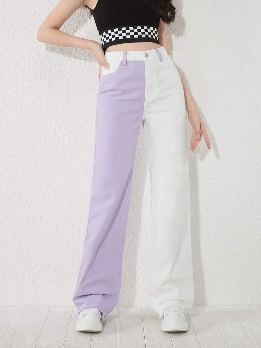 SHEIN Teen Girls Two Tone Straight Leg Jeans - Multicolor - View 1