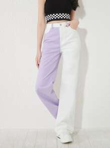 SHEIN Teen Girls Two Tone Straight Leg Jeans - Multicolor - View 4