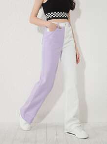 SHEIN Teen Girls Two Tone Straight Leg Jeans - Multicolor - View 5