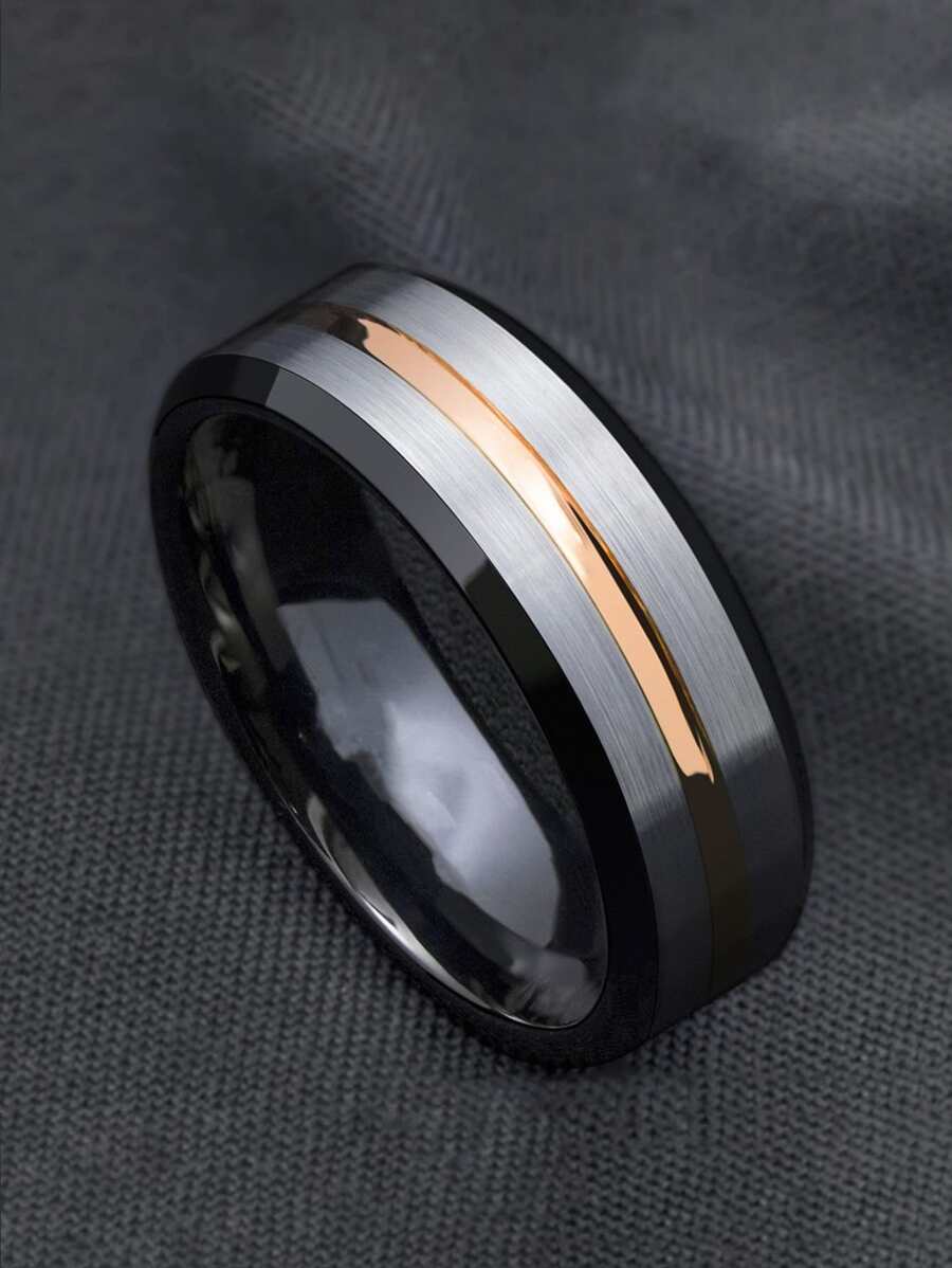男士雙色戒指簡單時尚男士英俊拉絲雙斜面黑金戒指不銹鋼適用於首飾類禮品 - 彩色 - 查看 1