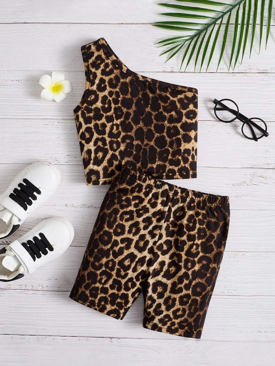 SHEIN Young Girl Leopard Print One Shoulder Top & Biker Shorts Young Girl Leopard Printleopard Print Young Girl - Multicolor - View 1