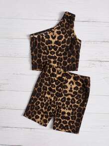SHEIN Young Girl Leopard Print One Shoulder Top & Biker Shorts Young Girl Leopard Printleopard Print Young Girl - Multicolor - View 2