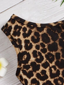 SHEIN Young Girl Leopard Print One Shoulder Top & Biker Shorts Young Girl Leopard Printleopard Print Young Girl - Multicolor - View 4